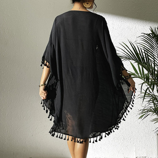 Women Tassel Trim Crochet Cover Up Boho Dress