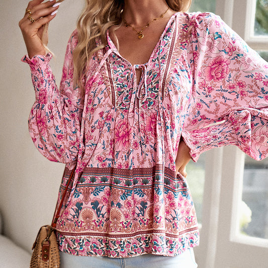 Women's Boho Chic Long Sleeve Floral Blouse