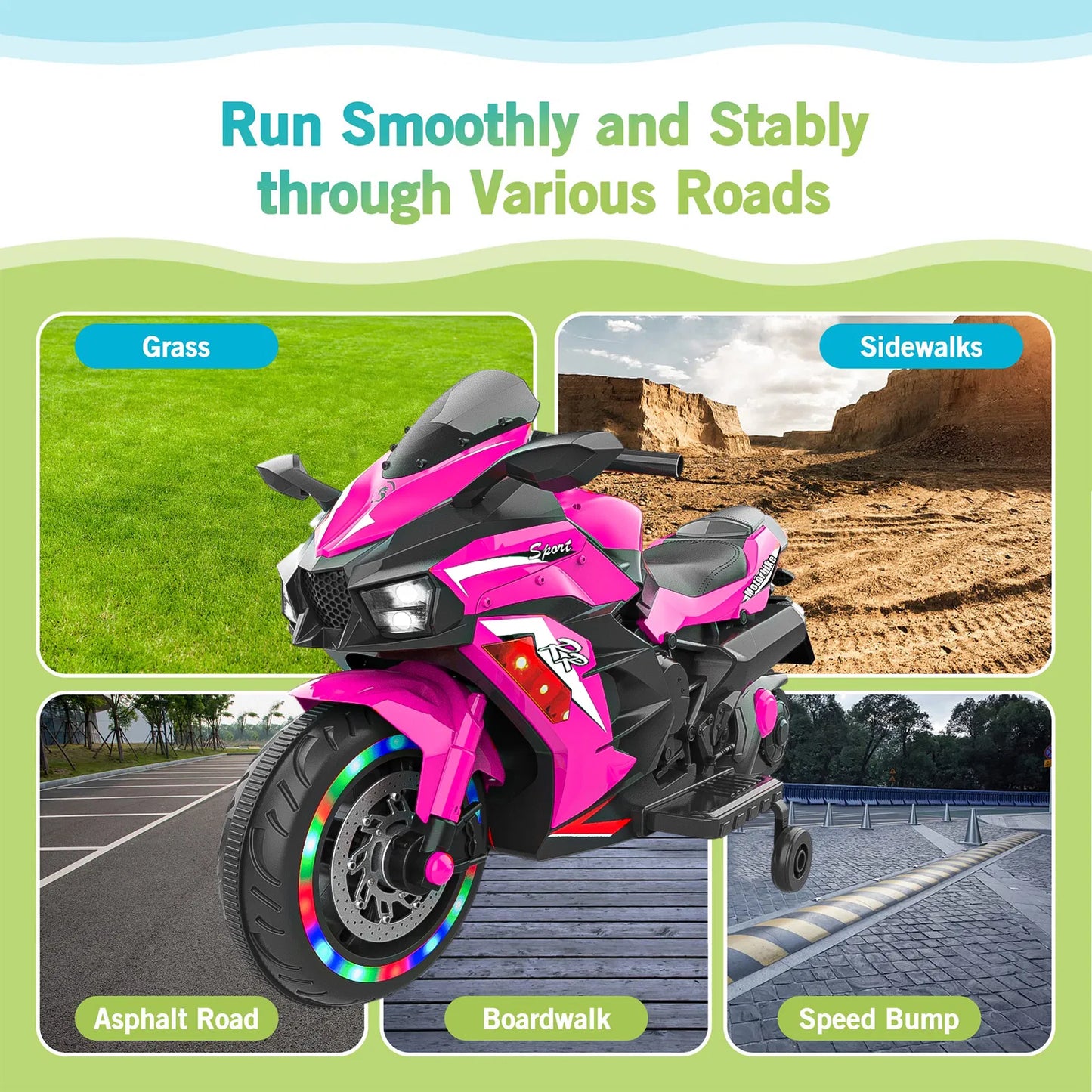 Kids Powered Ride-ons Toy, Kids Motorcycle For 3-6 Years, 12V Electric Ride On Motorcycle With Light Wheel & Bluetooth Music-Pink