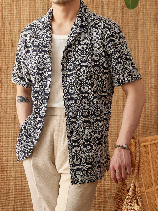 Men's Casual Cuban Collar Short Sleeve Printed Shirt