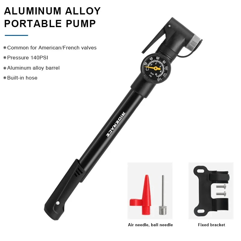 Portable Bicycle Pump with Gauge Aluminum Alloy Hand Tire Air Inflator Bike Car Scooter Schrader Presta Valve AV FV