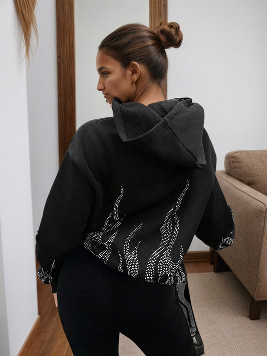 2025 New Women's Jacket With Zipper Closure, Hooded Neck, Flame Printed Sleeves, Essential Women's Coat For Autumn And Winter