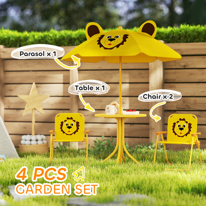 Kids Picnic Table And Chair Set, Outdoor Activity Table With Foldable Chairs, Height Adjustable Umbrella, Yellow