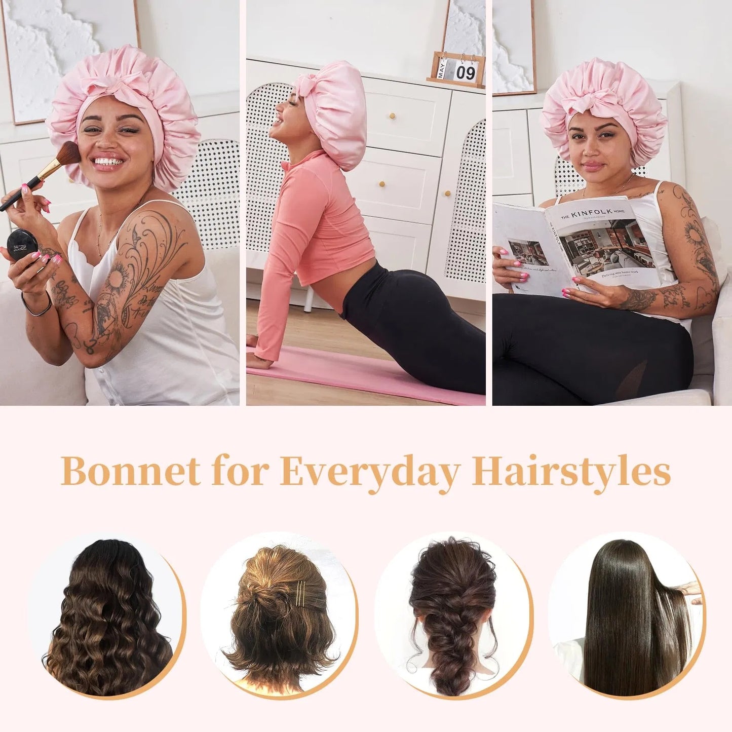 Silk Bonnet For Sleeping Women, Satin Hair Bonnet For Sleeping For Wavy Curly Natural Hair Women Men - Pink