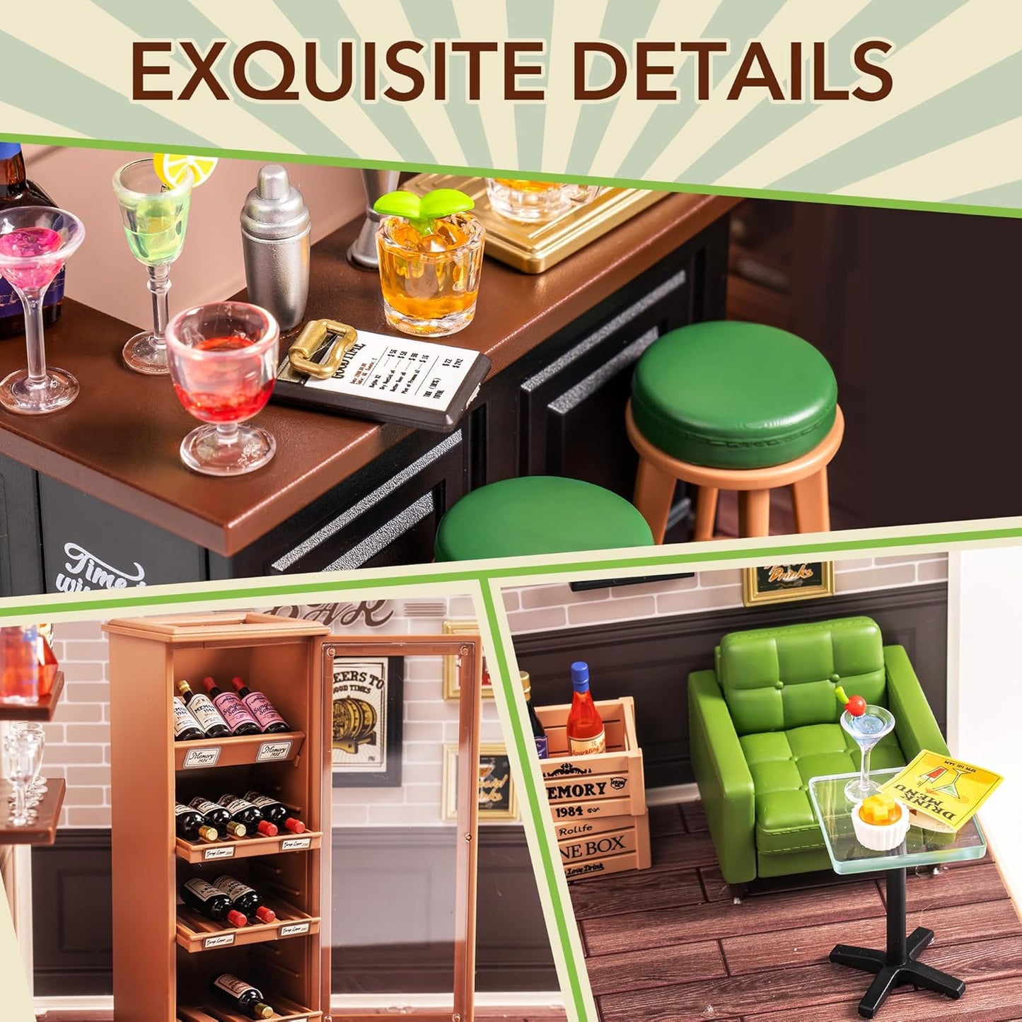 ROBOTIME DIY Miniature House Kit, Dollhouse Model Building Craft Kit With LED For Adults And Kids, Birthday Gift - Bar DW012