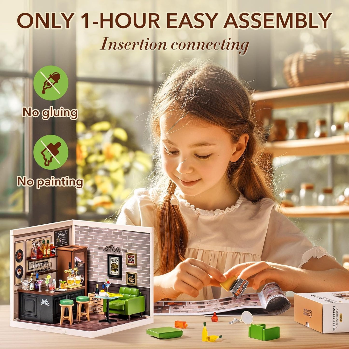 ROBOTIME DIY Miniature House Kit, Dollhouse Model Building Craft Kit With LED For Adults And Kids, Birthday Gift - Bar DW012