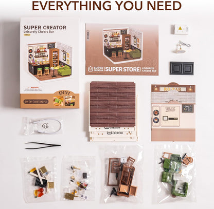 ROBOTIME DIY Miniature House Kit, Dollhouse Model Building Craft Kit With LED For Adults And Kids, Birthday Gift - Bar DW012