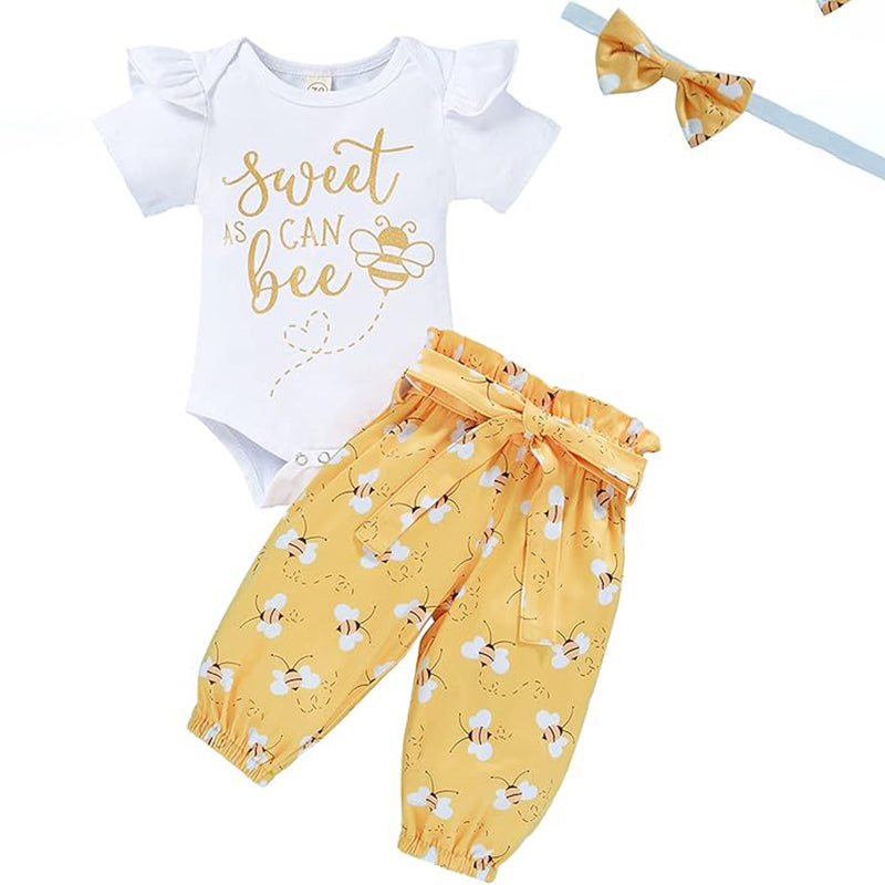 Infant Baby Girl Sweet Bee Outfits Letter Print Romper Honey Bees Pants Bowknot Headband Clothes Set