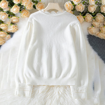 Women's Sweaters V Neck Lace Trim Long Sleeve Fall Pullover Tops Trendy Outfits For Women