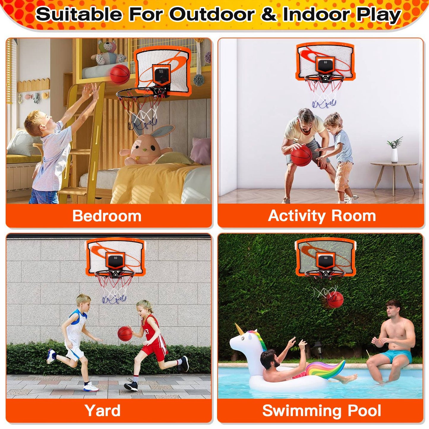 1Set Indoor Mini Basketball Hoop Set Over Door Basketball Hoop With 4 Inflatable Balls Electric Audio Scorer Foldable Basket Gift For Kids And Adults