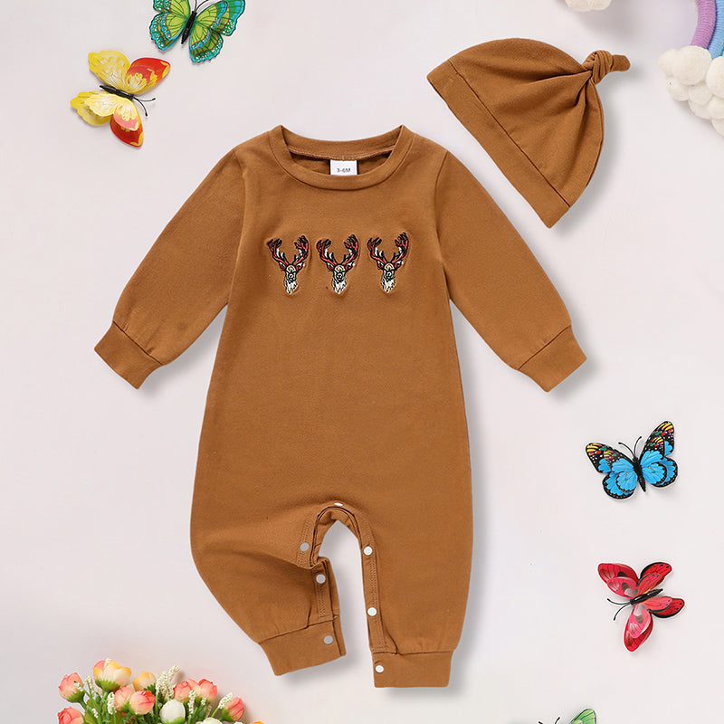Newborn Baby Boy Outfits Long Sleeve Animal Print Romper & Hat 2Pcs Fall Winter Clothes Set