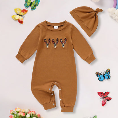 Newborn Baby Boy Outfits Long Sleeve Animal Print Romper & Hat 2Pcs Fall Winter Clothes Set