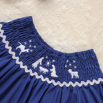 Toddler Infant Girl Christmas Santa Embroidery Short Sleeve Princess Party Dress Smocked Baby Girl Clothes