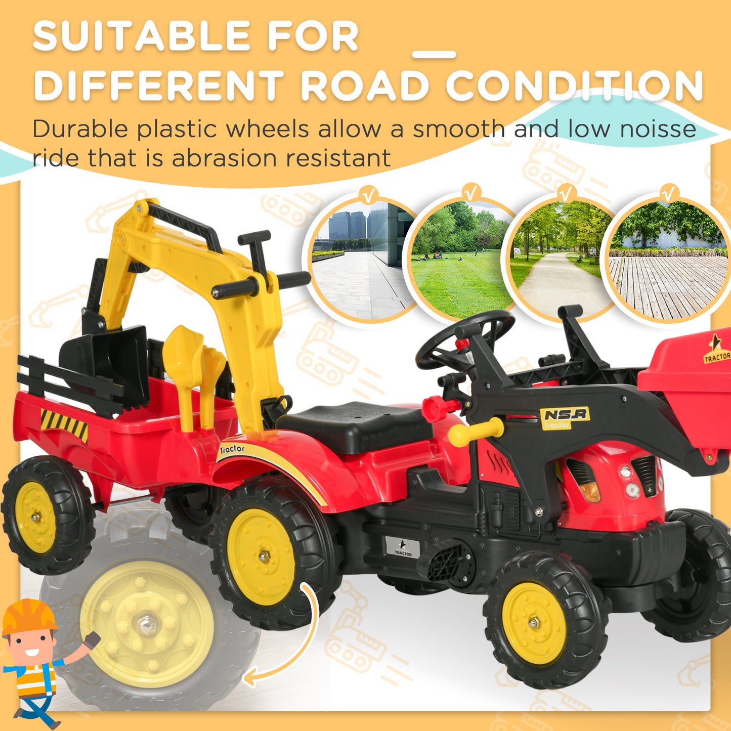 Kids Ride On Excavator Toy Pedal Powered Digger With 6 Wheels Detachable Trailer Controllable Bucket For Ages 3-6