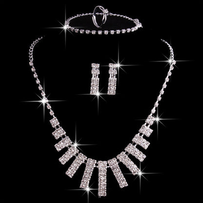 4 Pieces Rhinestones Necklace Set With Earrings Ring And Bracelet Fashion Jewelry For Women
