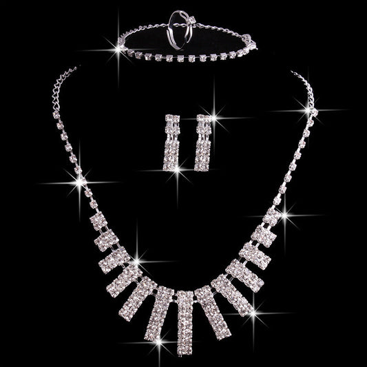 4 Pieces Rhinestones Necklace Set With Earrings Ring And Bracelet Fashion Jewelry For Women