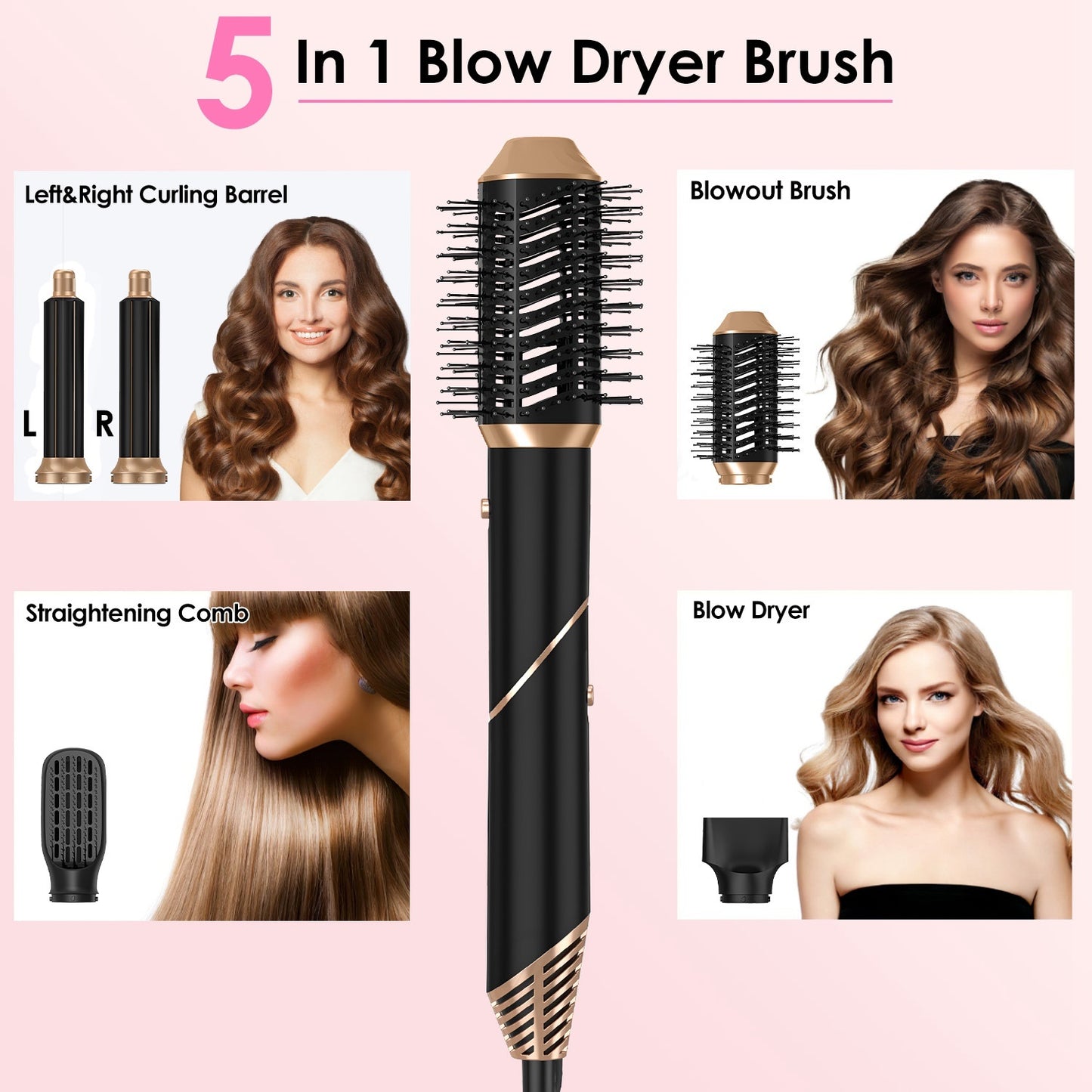 1Pc 5 In 1 Hot Air Styler Straightener Curler Dryer Automatic Wrap Styler Hair Dryer Brush Set With 3 Temp Settings ALCI Plug Glove Cable Tie 2 Alligator Hair Clips