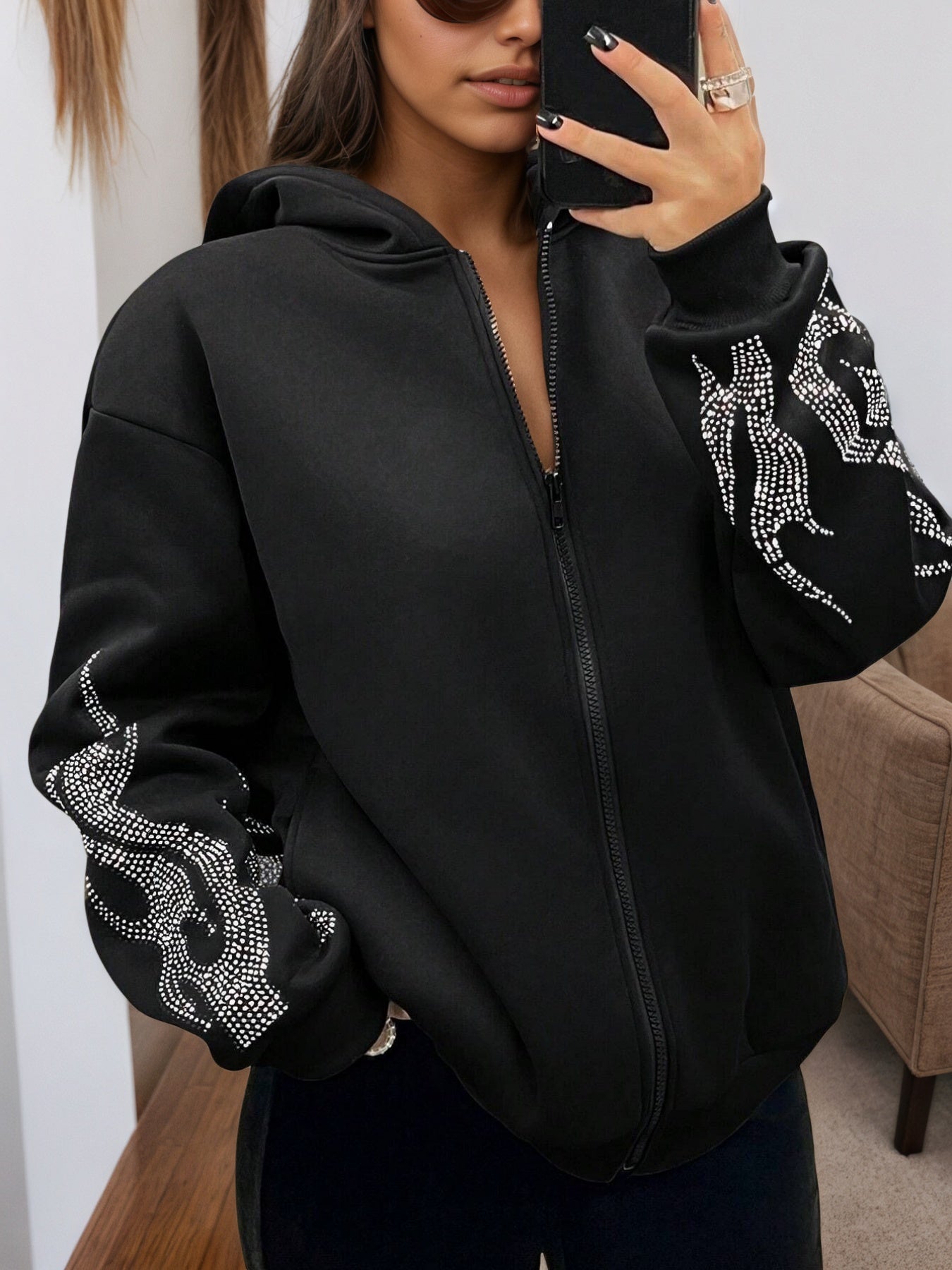 2025 New Women's Jacket With Zipper Closure, Hooded Neck, Flame Printed Sleeves, Essential Women's Coat For Autumn And Winter