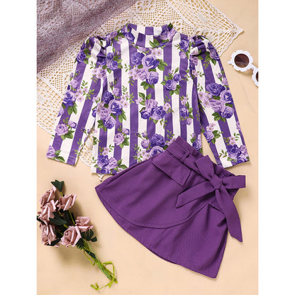 Toddler Girl Purple Rose Print Girls Outfit, Spring Fall Stripe Top With Belt Skirts Set Holiday Going Out Clothes