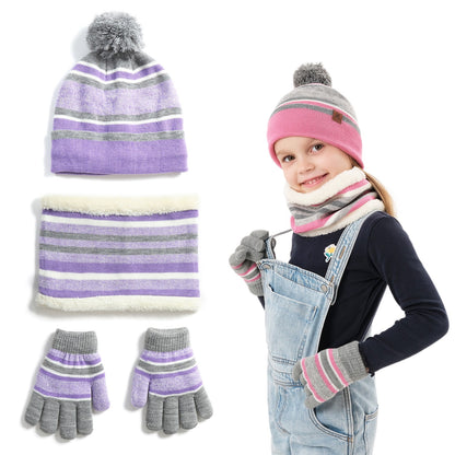 1Set Winter Kids Knitted Hat Scarf Gloves 3Pcs Boys Girls Winter Warm Beanie Hat And Glove Scarf Set Beanie Neck Warmer Mittens For 4- To 7 Years Old Kids