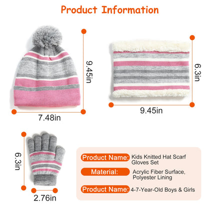 1Set Winter Kids Knitted Hat Scarf Gloves 3Pcs Boys Girls Winter Warm Beanie Hat And Glove Scarf Set Beanie Neck Warmer Mittens For 4- To 7 Years Old Kids
