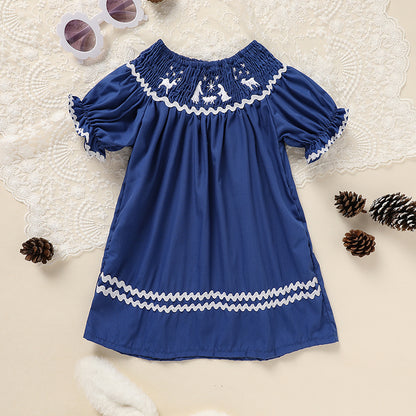 Toddler Infant Girl Christmas Santa Embroidery Short Sleeve Princess Party Dress Smocked Baby Girl Clothes