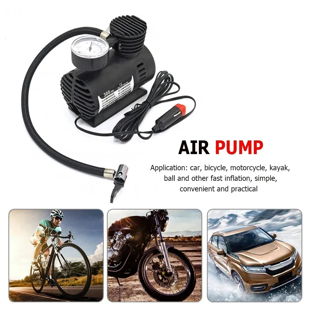 12V 300PSI Mini Air Compressor Electric Tire Inflator with Gauge Portable Tire Pump High Precision Electric Compact Air Pump