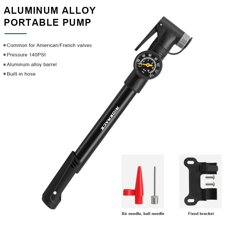 Portable Bicycle Pump with Gauge Aluminum Alloy Hand Tire Air Inflator Bike Car Scooter Schrader Presta Valve AV FV