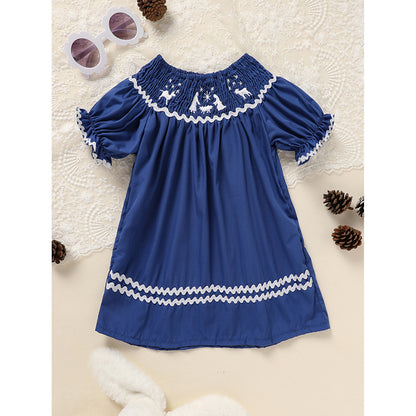 Toddler Infant Girl Christmas Santa Embroidery Short Sleeve Princess Party Dress Smocked Baby Girl Clothes