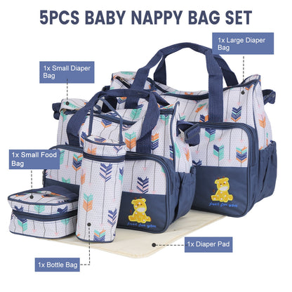 5Pcs Baby Nappy Diaper Bags Set Mummy Diaper Handbags With Diaper Pad Food Bag Bottle Bag Travel Tote Bags For Mom Dad
