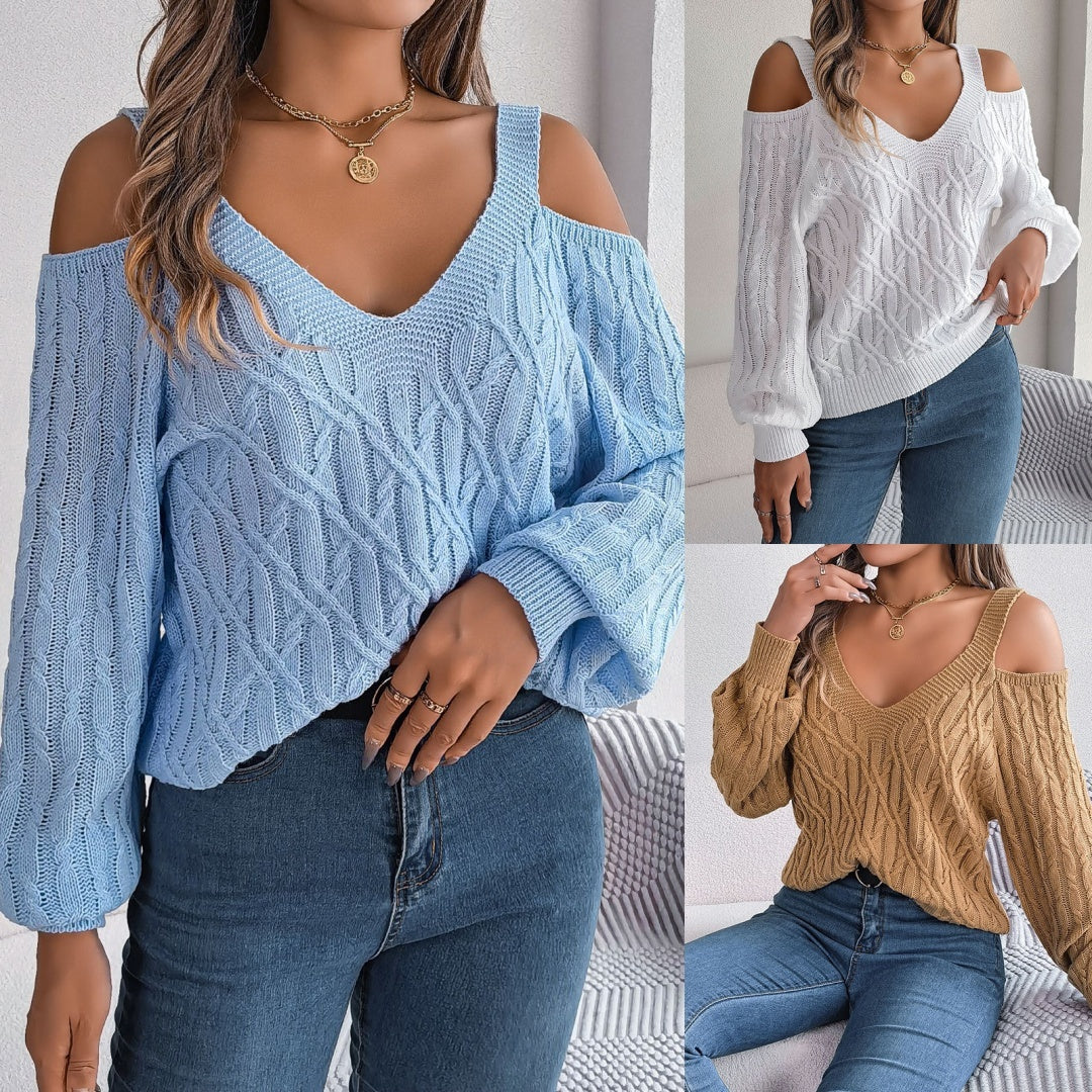 Real Shot Autumn-Winter 2025 Casual Solid Color Fried Dough Twists Off Shoulder Lantern Sleeve Sweater