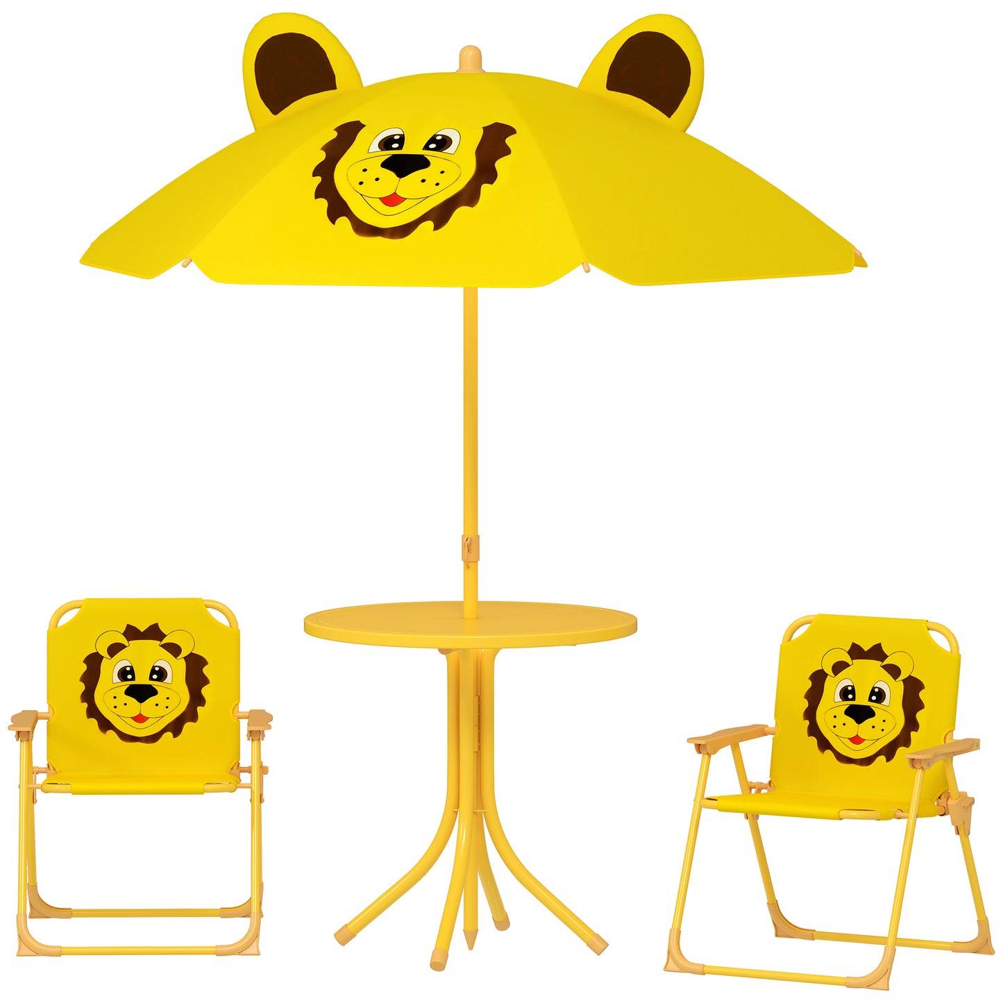 Kids Picnic Table And Chair Set, Outdoor Activity Table With Foldable Chairs, Height Adjustable Umbrella, Yellow