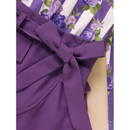 Toddler Girl Purple Rose Print Girls Outfit, Spring Fall Stripe Top With Belt Skirts Set Holiday Going Out Clothes