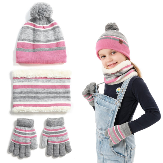 1Set Winter Kids Knitted Hat Scarf Gloves 3Pcs Boys Girls Winter Warm Beanie Hat And Glove Scarf Set Beanie Neck Warmer Mittens For 4- To 7 Years Old Kids