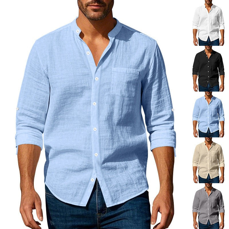 Long Sleeve Stand Collar Shirt With Pockets Casual Men's Clothing