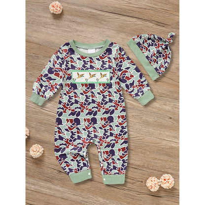 Newborn Baby Boy Outfits Long Sleeve Animal Print Romper & Hat 2Pcs Fall Winter Clothes Set