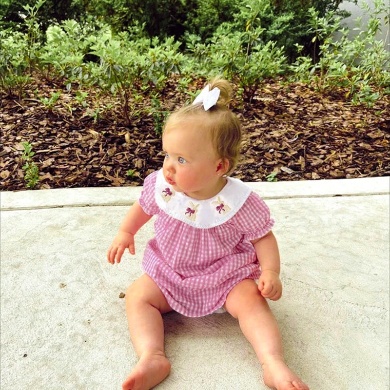Infant Bbay Girls' Plaid Smocked Dress Short Sleeve Easter Bunny Rabbit Embroidery Casual Fashion Clothes