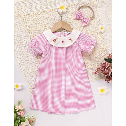 Infant Bbay Girls' Plaid Smocked Dress Short Sleeve Easter Bunny Rabbit Embroidery Casual Fashion Clothes