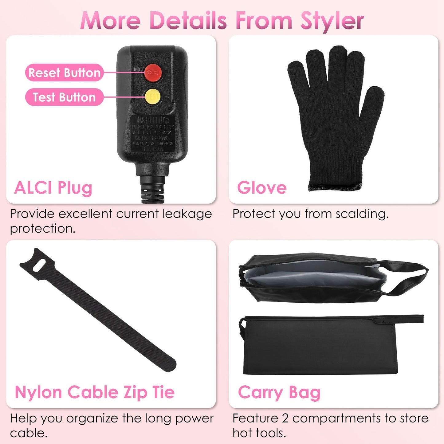 1Pc 6 In 1 Hot Air Styler Volumizer Straightener Curler Dryer Automatic Wrap Styler Hair Dryer Brush Set With 3 Temp Settings ALCI Plug Glove Cable Zip Tie