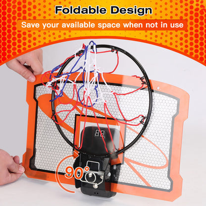 1Set Indoor Mini Basketball Hoop Set Over Door Basketball Hoop With 4 Inflatable Balls Electric Audio Scorer Foldable Basket Gift For Kids And Adults
