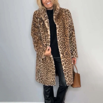 Women's Leopard Print Plush Jacket, Cozy Loose-Fit Warm Coat Elegant Medium-Length Fall Winter Outwear